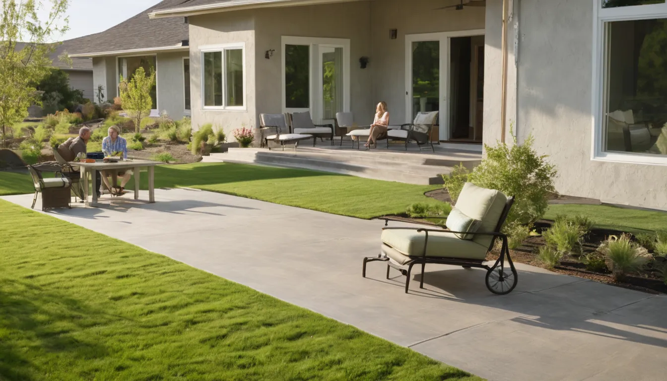 Homeowners relaxing on a new concrete patio behind a house in Rittman
