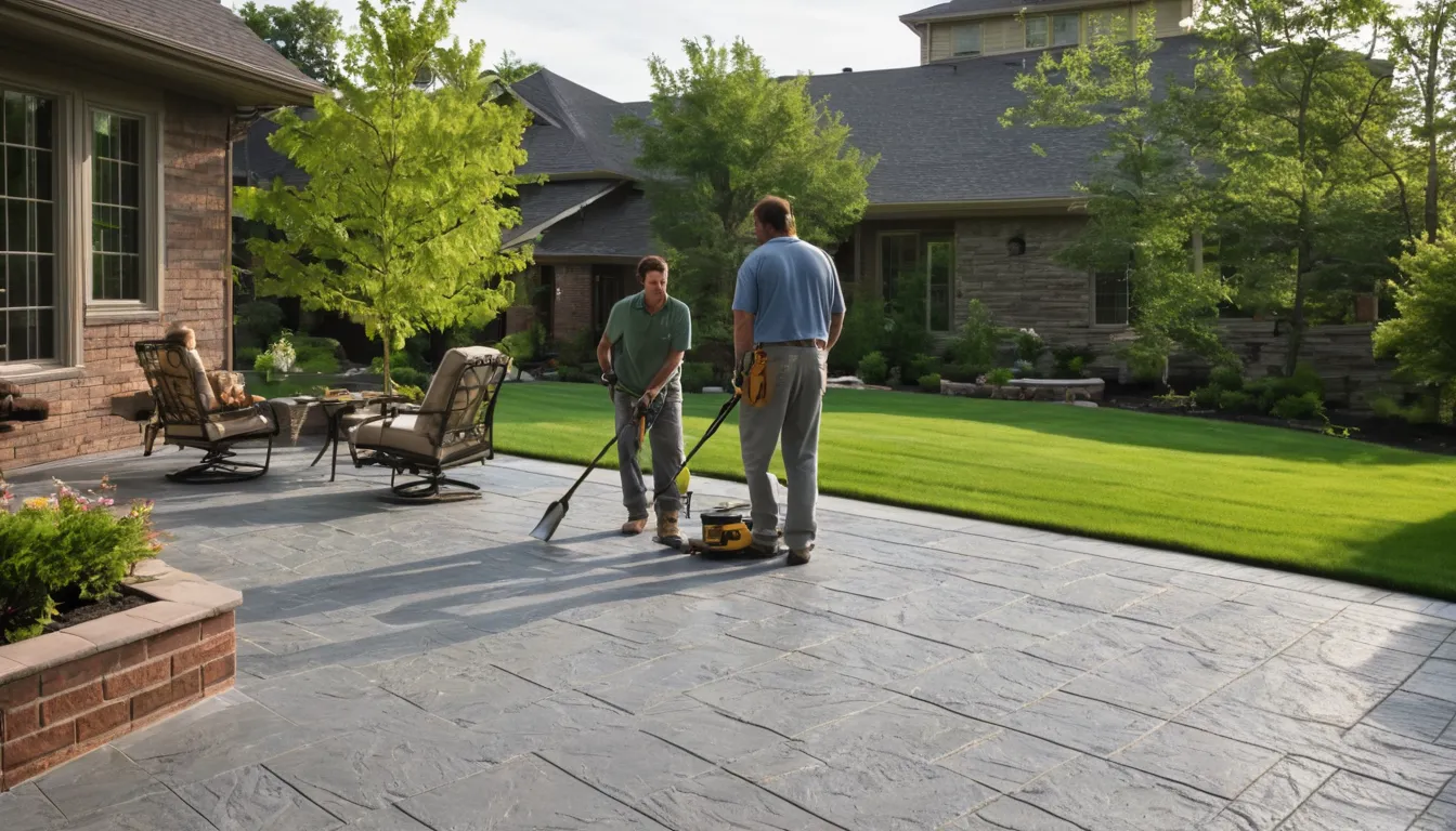 Stamped concrete patio with a slate pattern behind a ranch home near Rittman